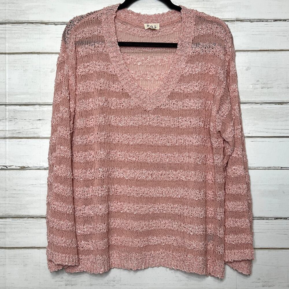 POL Pink Open Knit V-Neck Spring Sweater Lightweight Slouchy Pullover Size Small